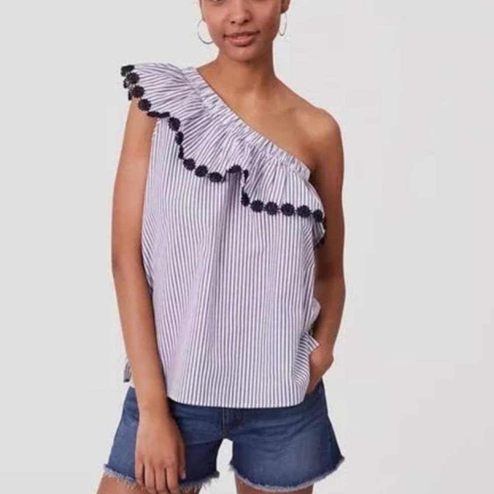 LOFT Striped One Shoulder Top Embroidered Ruffle S